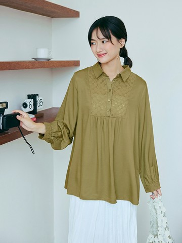 日系拼接蕾絲半開襟寬鬆襯衫上衣