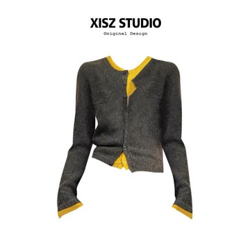 韓系氛圍感假兩件長袖針織開衫女秋冬時尚慵懶風撞色拼接圓領上衣