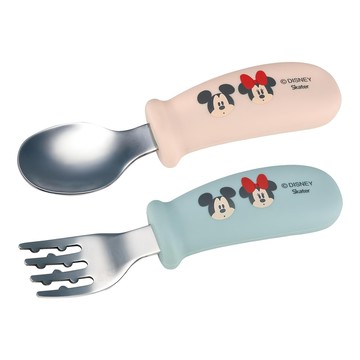Skater 不鏽鋼彎柄湯叉組  1組  湯匙 + 叉子  米奇與米妮 粉色 + 綠色