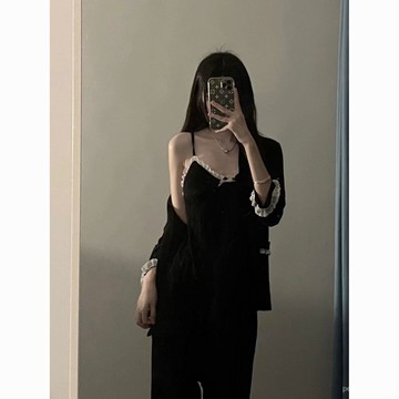 【優選精品】2022鞦季法式高級感弔帶睡衣女網紅風少女甜美開衫長褲傢居服套裝ins日韓風 ES4X