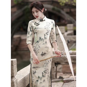 2023年秋季江南蘇州五分袖水墨畫新品國風年輕款改良版連衣裙旗袍