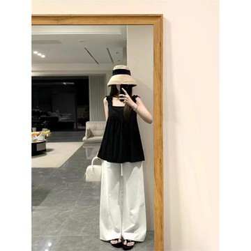 kumikumi時尚套裝黑色木耳邊吊帶背心女夏季高腰休閑褲長褲兩件套