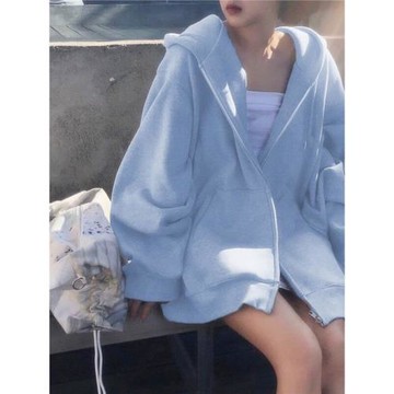 高級感超好看衛衣女秋冬季寬松oversize開衫純色加絨加厚拉鏈外套