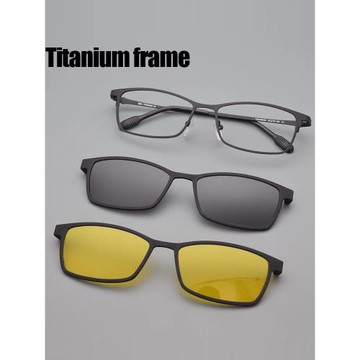 半框純鈦眼鏡框偏光磁吸夾片近視鈦架眼鏡女夜視磁鐵套鏡一鏡3用