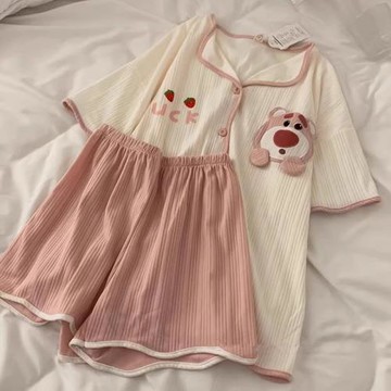 ins夏季新款睡衣女薄款短袖純棉卡通草莓熊夏天網紅風家居服學生