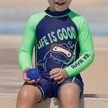 Xiazhilian - 男寶防曬長袖連身泳裝(附帽子)-淺水鯊魚-藏青+綠