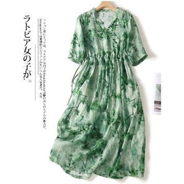 品牌折扣撤柜外貿原單剪標女裝斜襟苧麻連衣裙女收腰印花棉麻長裙