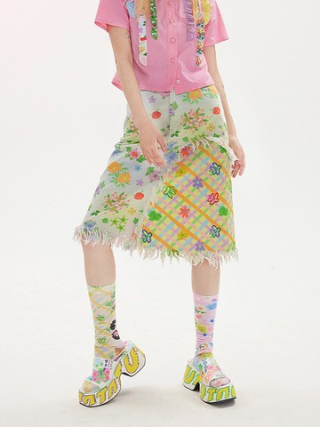 拼接花朵 碎花格紋 A字高腰流蘇印花半裙