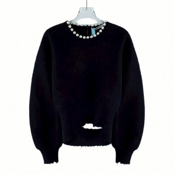 (XL) alexander wang質感羊毛珍珠設計破壞風黑色毛衣