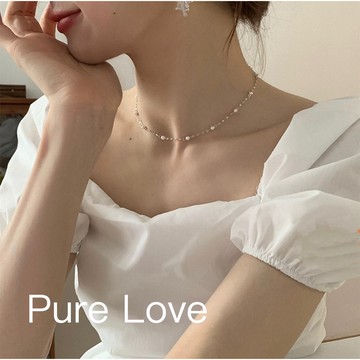 Pure Love樂芙 / 正韓 銀飾【S925純銀】N0605簡約通體純銀項鍊波光閃閃間格珍珠鎖骨鏈 短項鏈 / 銀
