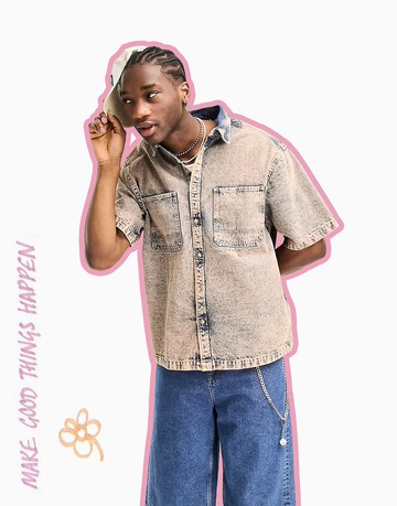ASOS DESIGN boxy oversized denim shirt with pink tint