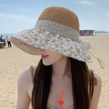 🌞漁夫帽女2024新款防晒遮陽帽子夏季遮臉大帽簷蕾絲太陽帽草編透氣優質