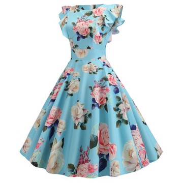 夏季新款歐美風套頭亞馬遜熱賣50S60S復古飛飛袖印花大擺裙連衣裙
