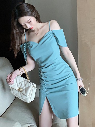 格格家 夏季名媛性感女神氣質收腰顯瘦閃閃修身開叉包臀連衣裙潮