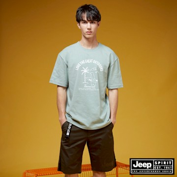 JEEP 男裝 海灘北極熊厚磅純棉短袖T恤-綠色