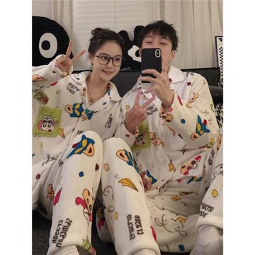 冬季小新同款睡衣法蘭絨加厚加絨男女日系卡通情侶大碼家居服套裝