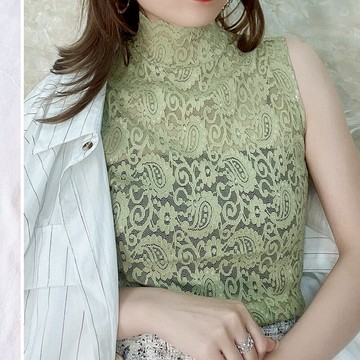 春季高領蕾絲打底衫女無袖修身內搭背心網紗洋氣荷葉邊無袖衫