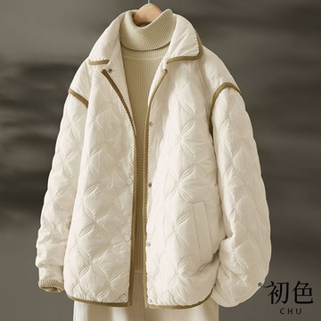 初色 撞色壓紋長袖單排扣前短後長科技保暖纖維外套女外套-杏色-38663(M-2XL可選)