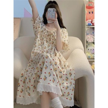 2024年夏季公主風睡裙女生甜美可愛小熊純棉花邊日系中長款睡衣裙