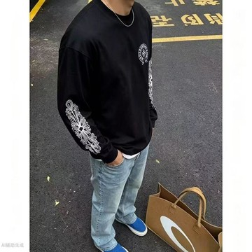 8391 人再三消費🎇哥特字母馬蹄花後背印花長袖T恤男女同款寬鬆街頭潮流內搭外穿FQ1R