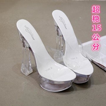 粗跟超高跟涼鞋夏季14CM防水臺厚底魚嘴鞋性感透明水晶一字扣女鞋