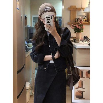 牛仔半身裙兩件套女春秋職業小洋裝高級感輕熟奶系茶系穿搭套裝裙
