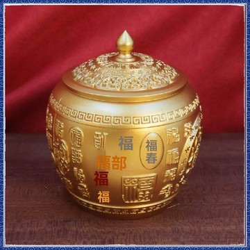🙏大甲镇澜宫過爐 開光🔥黃銅百福茶葉罐銅米缸罐創意聚寶盆龍鳳帶蓋茶葉罐客廳辦公室擺件 免運 熱銷 師傅推薦