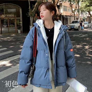 初色 韓系假兩件保暖連帽抽繩拉鍊雙口袋長袖羽絨外套女外套-共4色-16610(M-2XL可選)