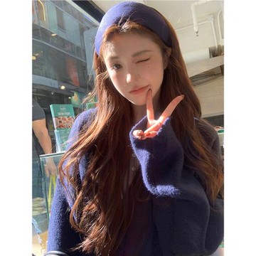 V領復古時髦藏藍色秋冬加厚毛衣外套女寬松慵懶感毛針織開衫