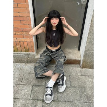 【HOT 本舖】男装美式復古迷彩闊腿牛仔褲男女夏季時尚百搭高腰寬鬆直筒工裝七分褲