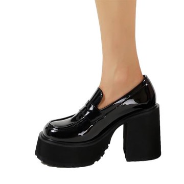 漆皮粗跟厚底小皮鞋超高跟防水臺單鞋松糕底亮皮JK制服鞋40大碼鞋