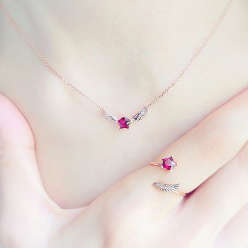 星星玫瑰榴石飛翔小翼翼純銀電鍍18K玫瑰金頸鏈