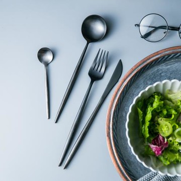 啞光全黑刀叉 北歐風INS不銹鋼牛排刀叉勺長柄咖啡勺水果叉家用