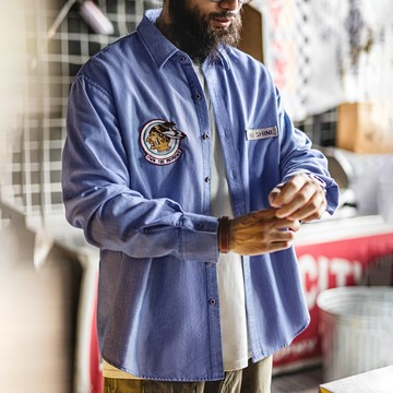 馬登工裝 美式休閒牛津紡長袖襯衫藍色襯衫外套純棉牛津布薄款男秋