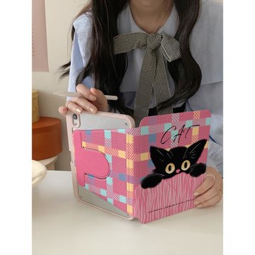 卡通可愛黑貓360度旋轉適用ipad11保護套ipad10新款ipad5/6帶筆槽mini7防摔air7/6女10.9蘋果平板保護殼好看
