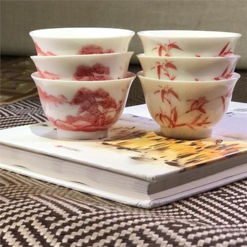 八十年代潮州楓溪窯彩瓷廠老手繪礬紅貢紅工夫茶若深珍藏功夫茶杯