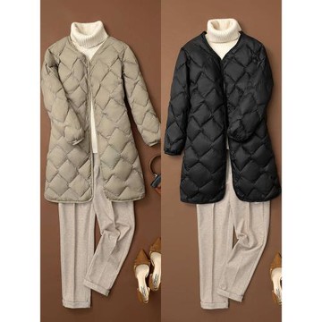 優質女裝輕薄羽絨服女中長款2024秋冬新款圓領長款外套無領內膽潮