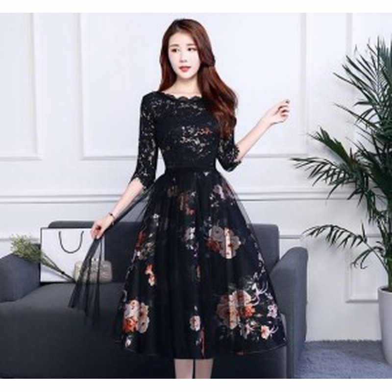 レディース ドレス パーティードレス レース 花柄 Aライン 結婚式 二次会 披露宴 パーティー ブラック レースチュール フレアワンピース 通販 Lineポイント最大1 0 Get Lineショッピング