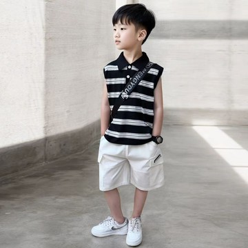 【在臺免運】男童夏季套裝童裝男童夏裝套裝2026新款無袖夏季背心純棉條紋中小童薄款兩件套dsdf
