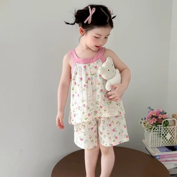 ❤️AL❤️ 兒童睡衣 女童睡衣 兒童夏季睡衣 新款睡衣兒童女孩寶寶吊帶套裝女孩薄款兒童空調夏季家居服套裝