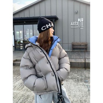 灰色復古拼接短款羽絨服2025新款女冬小個子寬松立領面包服厚外套