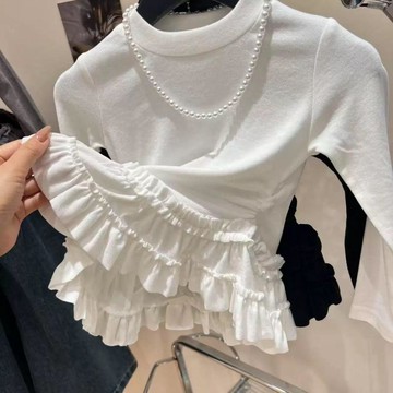 Mini baby🌷韓版女童層次感花邊打底衫秋季女寶寶疊穿百搭長袖T恤