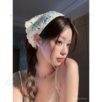 臺灣出貨🚚法式複古田園風針織藍色頭巾女海邊三角巾夏季甜美包頭髮帶絲巾潮