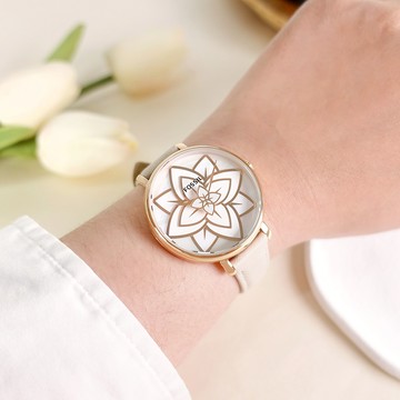 FOSSIL / ES4932 / Jacqueline 珍珠母貝 花漾時尚 礦石強化玻璃 真皮手錶 銀白x玫瑰金框x粉膚 36mm