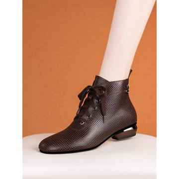 低跟短靴女真皮系帶圓頭小靴子短筒馬丁靴平跟秋冬季2025新款百搭