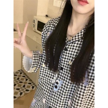 黑格色子睡衣女生彩虹熊純棉長袖情侶家居服男休閑全棉春秋款套裝