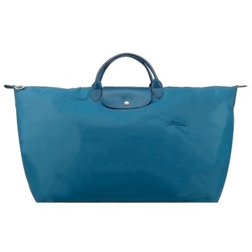 LONGCHAMP LE PLIAGE GREEN系列刺繡摺疊旅行袋(中/孔雀藍)1625-919-P89