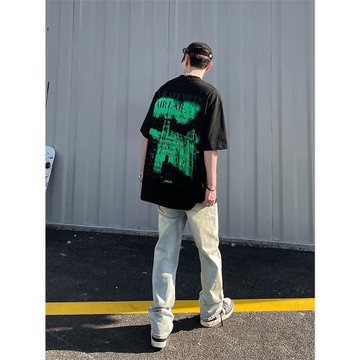 美式復古高街黃泥染水洗做舊牛仔褲男ins潮牌寬松直筒堆積感長褲