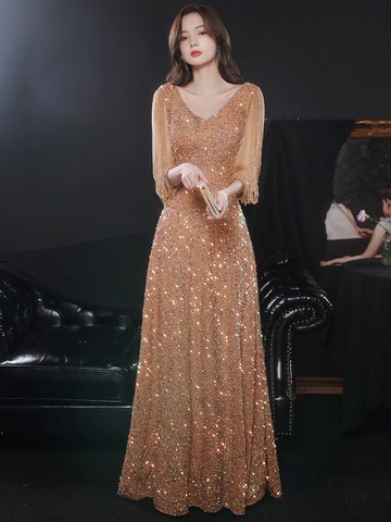 年會晚禮服洋裝連身裙 香檳色晚禮服女高級感主持人演出亮片連衣裙宴會氣質名媛高端大氣