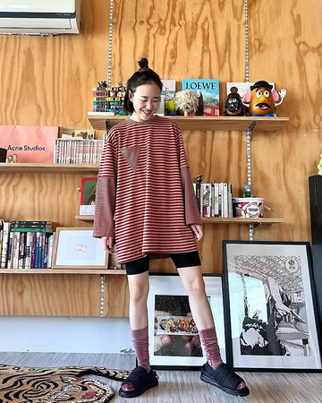 復古感條紋假兩件tshirt